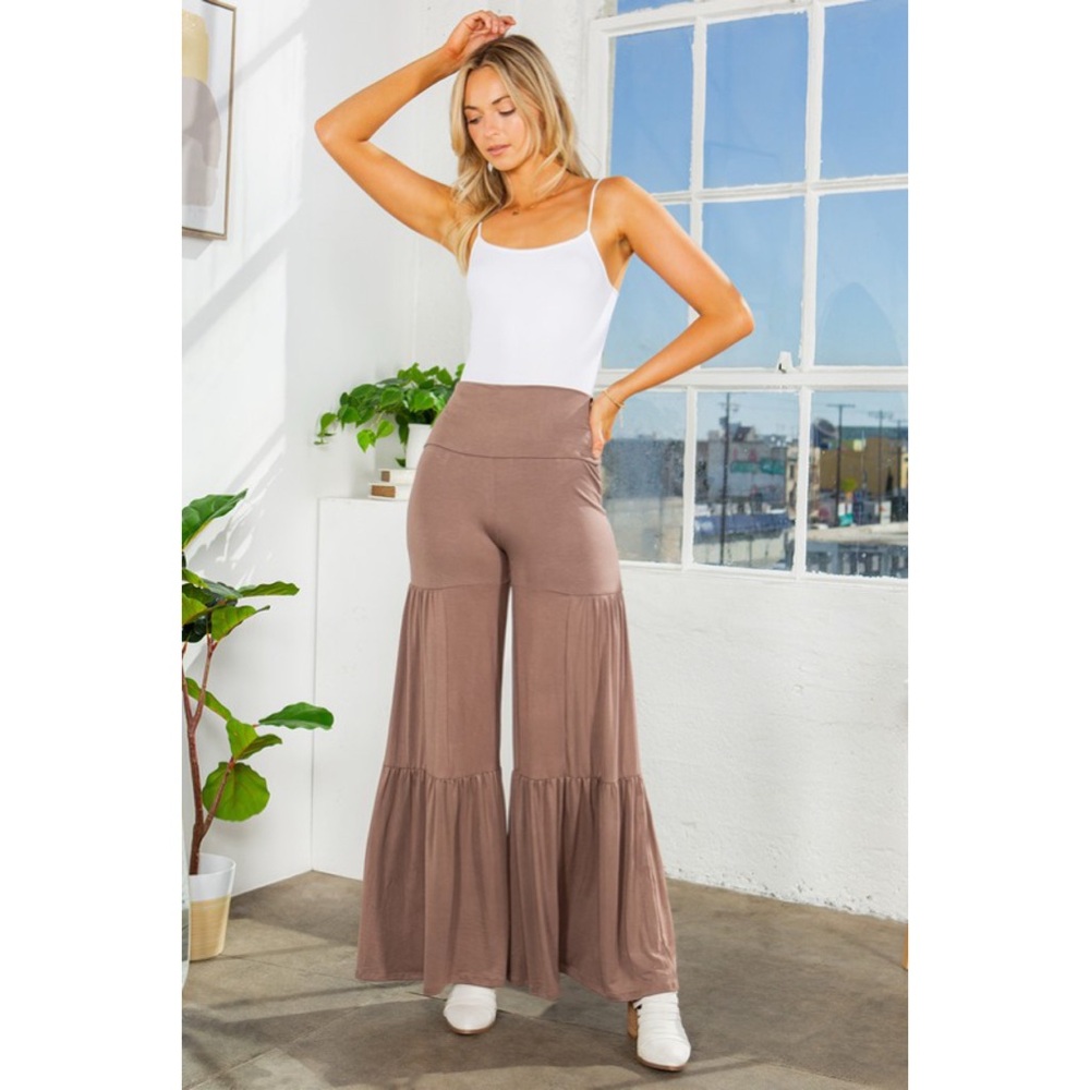 LAST PAIR! High Waist Tiered Ruffle Wide Leg Pants in Mocha- Rayon Spandex - Picture 3 of 5